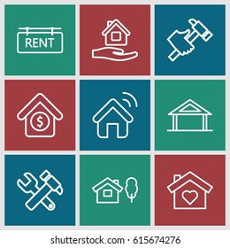 Property icons set. set of 9 property outline icons such as home, home care, hummer and wrench, hummer, house sale, rent tag
