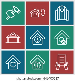 Property icons set. set of 9 property outline icons such as home, holding document, hummer, home search, house sale, house and tree