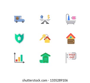 Property icons set. Bathroom and property icons with sold out, key and progress up. Set of savings for web app logo UI design.