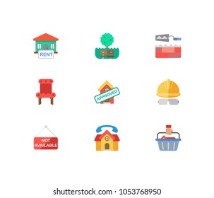 Property icons set. House for rent and property icons with construction service, house not available and home repair. Set of elements including green for web app logo UI design.