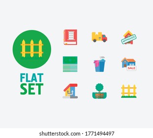 Property icons set. House for sale and property icons with money, fence and cleaning service. Set of green for web app logo UI design.
