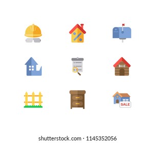 Property icons set. Mail box and property icons with fence, furniture and house for sale. Set of structure for web app logo UI design.