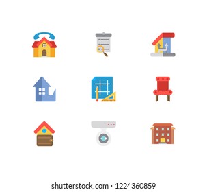 Property icons set. Residential area and property icons with surveillance service, real estate and search listing. Set of stylized for web app logo UI design.