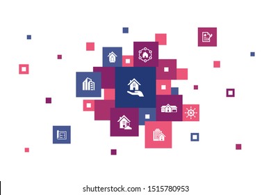 property Infographic 10 steps pixel design.property type, amenities, lease contract, floor plan icons