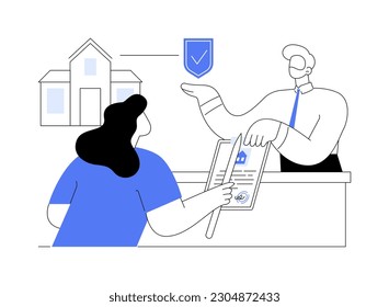 Property insurance abstract concept vector illustration. Customer writing real estate insurance contract with broker, business industry and services, property protection idea abstract metaphor.