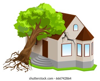 Property insurance against natural disasters. Earthquake tree fell on house. Isolated on white vector 3d illustration