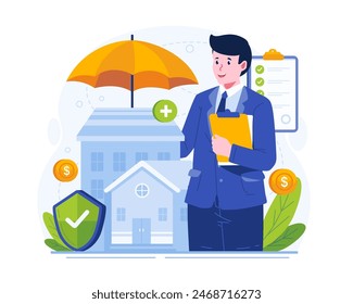 Property Insurance Agent Illustration. A Male Agent Holds an Umbrella to Protect a House. Home Insurance Service Concept