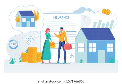 Property Insurance Agent Making Deal with Client Man and Woman Cartoon Characters. House and Apartments Protection from Accidents and Thiefth, Savings and Estate Safety. Flat Vector Illustration.