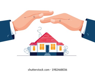 Property insurance concept. Male hands are covering the house building. Real estate protection, Home safety security, Property insurance . Modern flat vector illustration