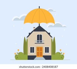 Property insurance concept. Real estate and home under yellow umbrella. Protection from rain and wet weather. Financial deal and agreement. Cartoon flat vector illustration isolated on blue background
