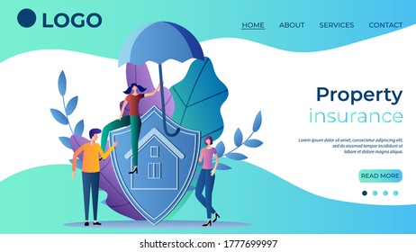 Property insurance.The concept of security of homeowners.The insurance agent holds an umbrella.Template for the landing page of a web site.Flat vector illustration.