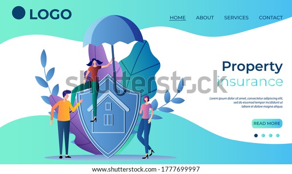 Property insurance.The concept of
security of homeowners.The insurance agent holds an
umbrella.Template for the landing page of a web site.Flat vector
illustration.