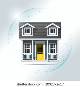 Property insurance concept with small house protected in polygonal sphere shield , vector , illustration