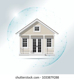 Property insurance concept with small house protected in polygonal sphere shield , vector , illustration