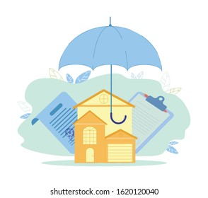 Property Insurance and Contracting, Vector Banner. Concluding an Insurance Contract Helps Prevent Financial Costs due to House Damage. Behind Large Residential Building are Enlarged Documents.