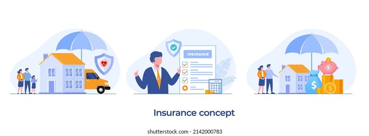 Property insurance, family insurance, health insurance, financial protection, umbrella, healthcare, landing page flat illustration vector template