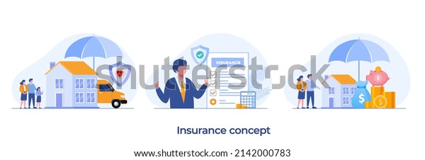 Property insurance, family insurance,\
health insurance, financial protection, umbrella, healthcare,\
landing page flat illustration vector\
template