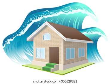 Property insurance. Flood. Wave washes away home. Illustration in vector format