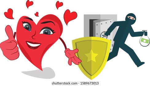 property insurance happy funny character love heart robber stealing money with protection coverage