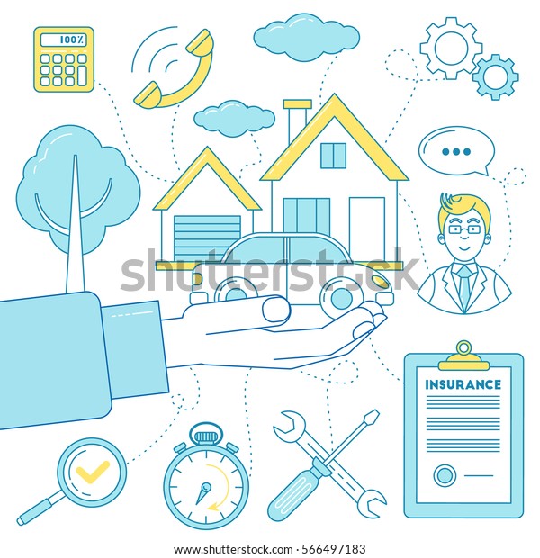 Property insurance. House and car\
protection. Line design\
illustration