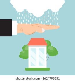 Property insurance house concept vector illustration. Real estate insure, home care, property protection service. Insurer hand protecting home from rain.