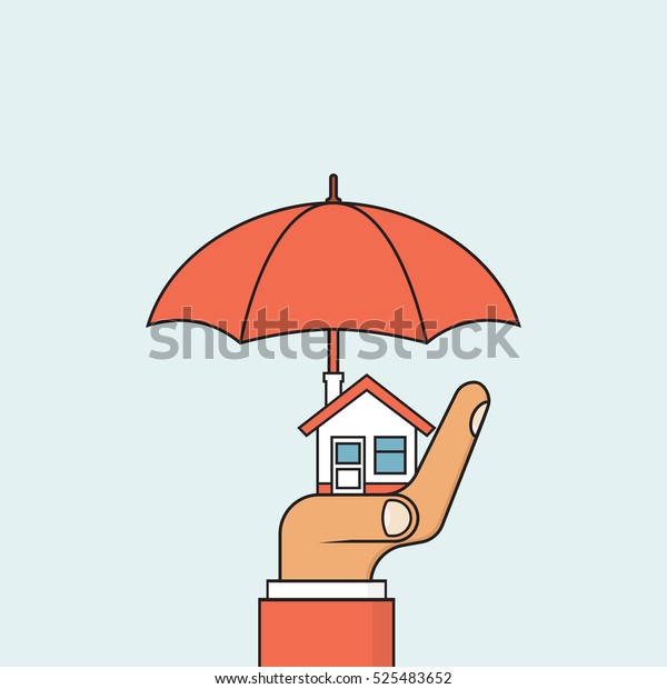 Property insurance icon.\
Concept security, providing protection from danger. Vector\
illustration flat minimal design. Insurance agent holding in hand\
of house and\
umbrella.