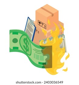 Property insurance icon isometric vector. Warehouse property and burning dollar. Financial concept, fire insurance
