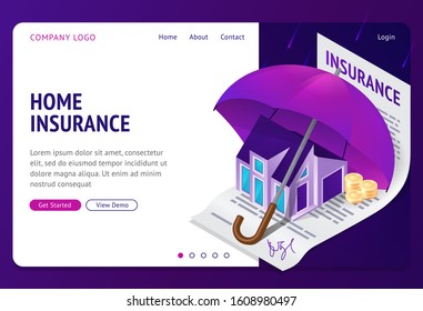 Property insurance isometric landing page. Real estate building stand under huge umbrella on signed policy document with money coins. Home accident protection service 3d vector illustration web banner