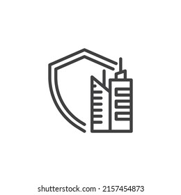 Property insurance line icon. linear style sign for mobile concept and web design. Office building and shield outline vector icon. Symbol, logo illustration. Vector graphics