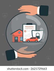 Property insurance services composition covered by hands. Contract policy with house building, car vehicle and shield icon. Security from damage and accident concept. Flat isolated vector illustration