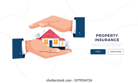 Property insurance template for landing page. Male hands are covering house. Property insurance concept, real estate protection, home safety security vector illustration. Flat cartoon design