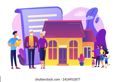 Property insurance, testament signing, house buying. Retirement estate planning, inheritance planning, financial advisor and lawyer services concept. Bright vibrant violet vector isolated illustration
