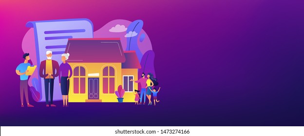 Property insurance, testament signing, house buying. Retirement estate planning, inheritance planning, financial advisor and lawyer services concept. Header or footer banner template with copy space.