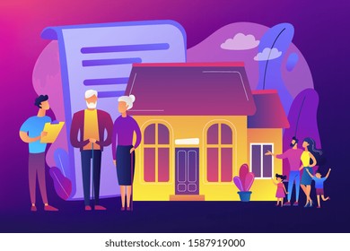 Property insurance, testament signing, house buying. Retirement estate planning, inheritance planning, financial advisor and lawyer services concept. Bright vibrant violet vector isolated illustration