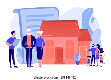 Property insurance, testament signing, house buying. Retirement estate planning, inheritance planning, financial advisor and lawyer services concept. Pink coral blue vector isolated illustration