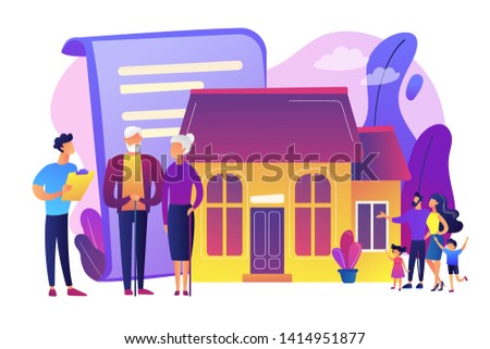 Property insurance, testament signing, house buying. Retirement estate planning, inheritance planning, financial advisor and lawyer services concept. Bright vibrant violet vector isolated illustration