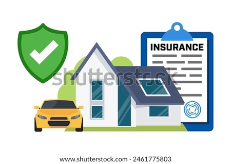 Property Insurance - vector illustration. Document with House and Car.