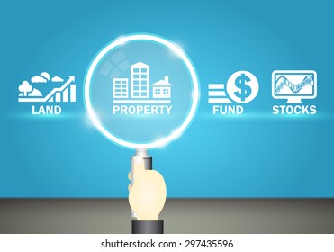 Property invest vector concept. Consist of investor hand, magnifying glass and icon of land, property, fund, stock and graphic background. Invest is use money in expectation of benefit in future.