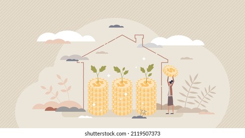 Property investing and real estate house assets growth tiny person concept. Wealth development with rental home management and investment in future vector illustration. Residence business profit.