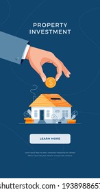 Property investment concept. Businessman's hand puts the coin into house piggy bank for real property. Putting up of money to real property . Flat design vector illustration