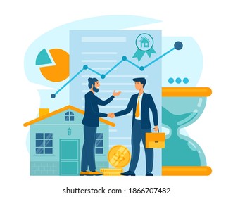 Property investment concept. Sale, purchase, rent, property money investment contract. Characters men businessmen shaking hands making a deal, flat vector illustration.