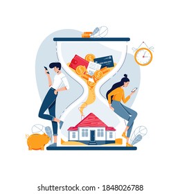 Property investment concept, wealth growth in long term. Flat cartoon people wait return of money investment in real estate. Buy a new home, family budget savings, save up a house. Vector illustration