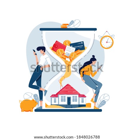 Property investment concept, wealth growth in long term. Flat cartoon people wait return of money investment in real estate. Buy a new home, family budget savings, save up a house. Vector illustration