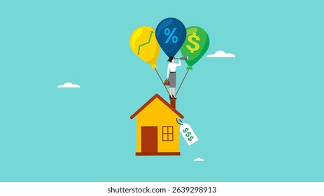 property investment growth, increased profits from property investments or real estate, housing price rising up, businessman standing on house flying using balloon with dollar icon and growth graph