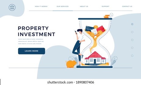 Property investment homepage template. Investor awaits a generating income from long-term investing. Passive income, cash flow, make money in real estate for website design. Flat vector illustration