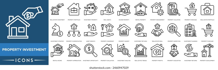 Property Investment icon. Real Estate Investment, Portfolio, Investment Property, Real Assets, Income, Rental Property, Property Management, Valuation, Purchase, Real Estate