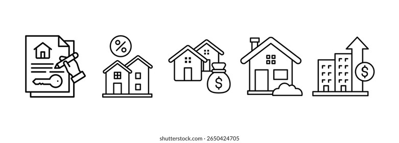 Conjunto de iconos de inversión inmobiliaria Colección de estilo múltiple, que contiene diseño Inmobiliaria, Casa, Hipoteca, Desarrollo inmobiliario