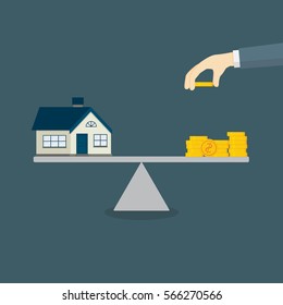 Property Investment Illustration, Home and Stack Of Money On The Scale