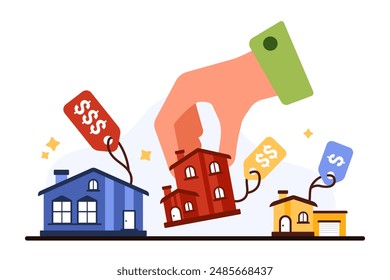 Property investment, real estate mortgage or rent affordability calculation. Big hand holding small house to choose affordable home size according to price and budget cartoon vector illustration