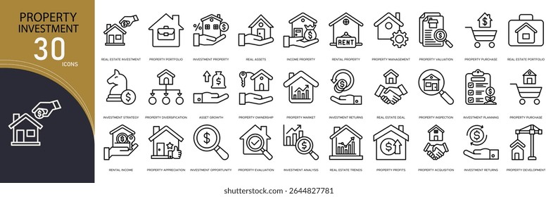 Property investment related icon collections. Containing house, dollar, rent, buy, location, ROI, building, mortgage, deal, and real estate icons. Outline icons.